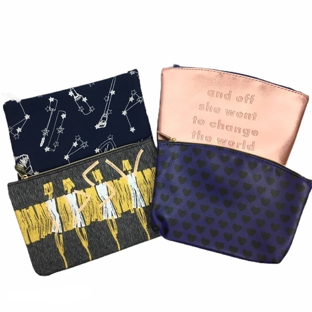 IPSY Bags Set of 4 Cosmetic Makeup Zip Pouches Rose Gold Stars Astrology Hearts